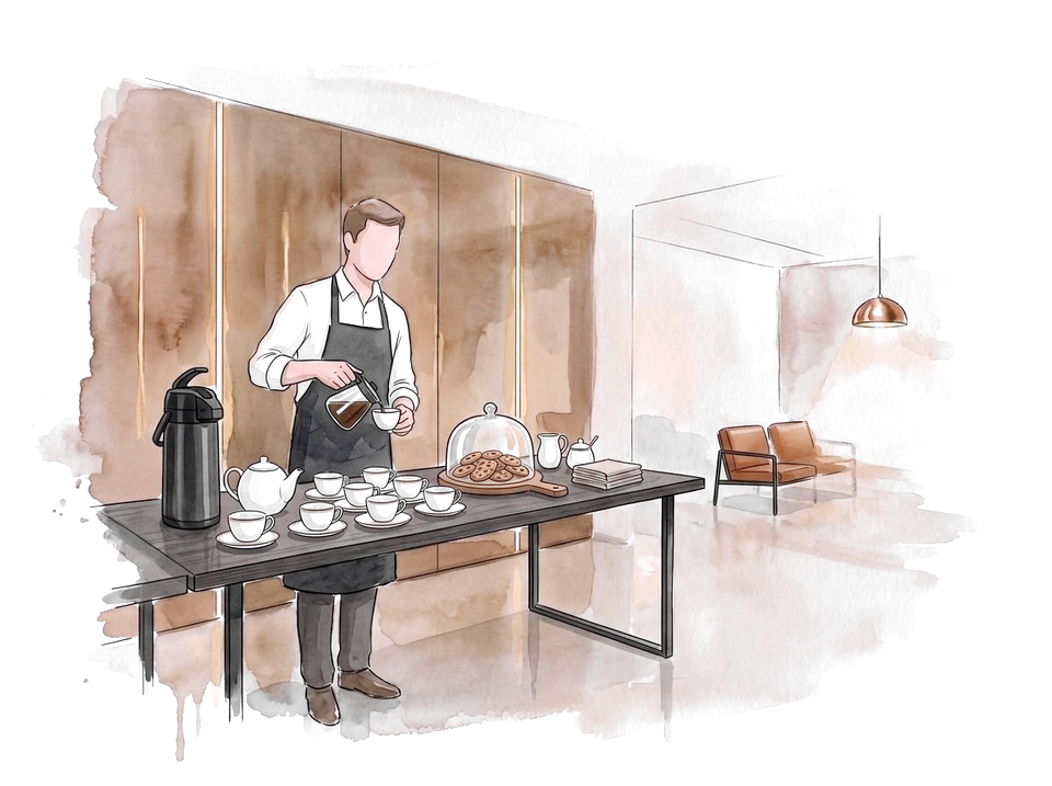 Ирэх зочдод кофе, цай, жигнэмэг бэлдэж буй зөөгч