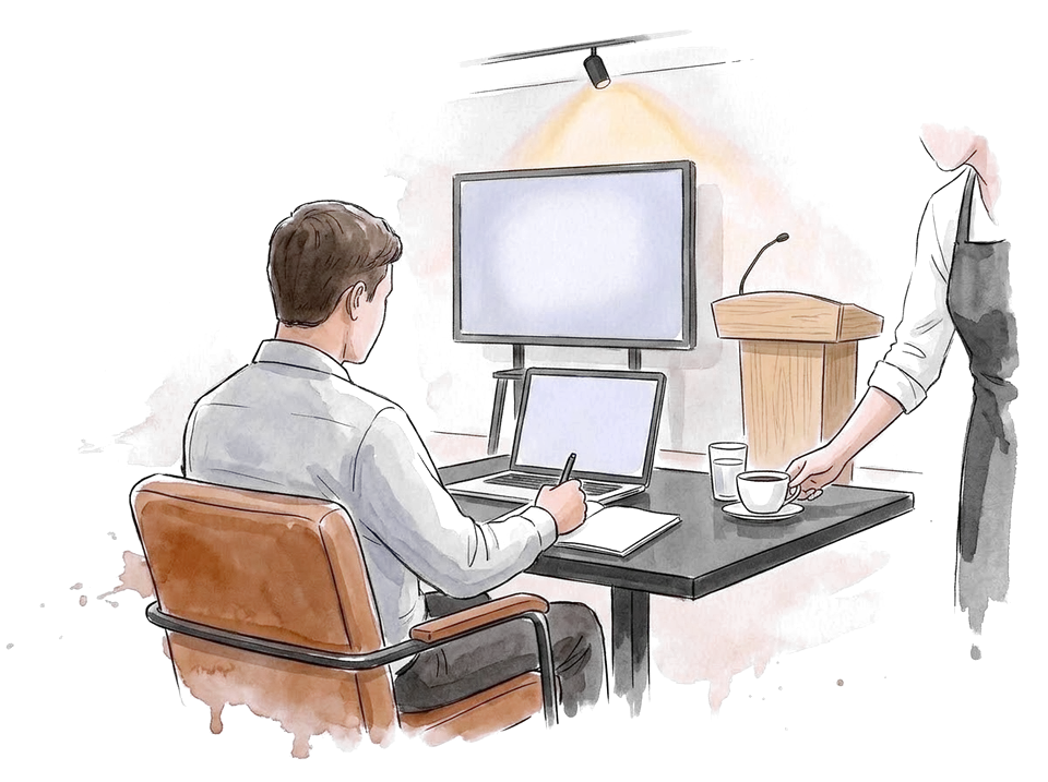 Дэлгэц рүү харан тэмдэглэл хөтөлж буй оролцогч, кофе тавьж буй зөөгч