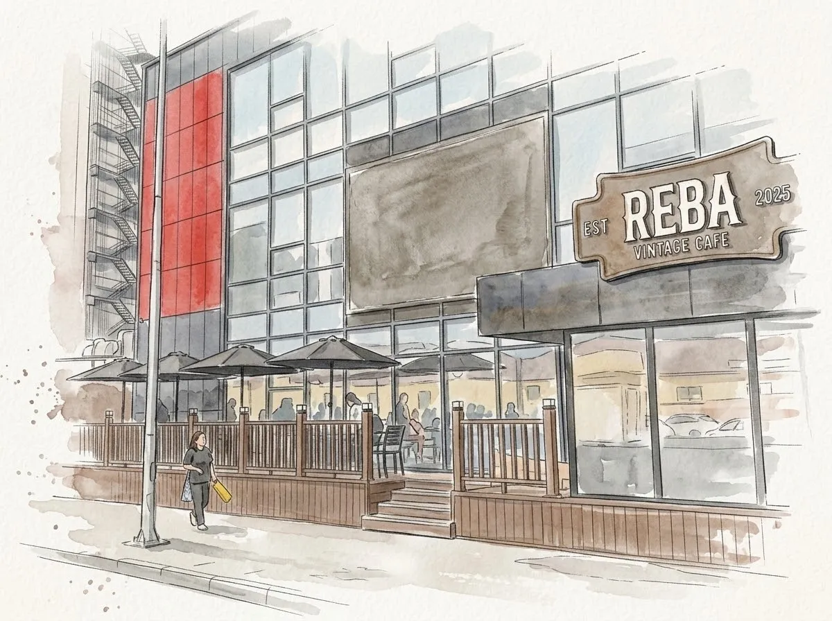 REBA Vintage Cafe-ийн гадна талын усан будгийн зураг: улаан фасадтай барилга, шүхэртэй модон террас